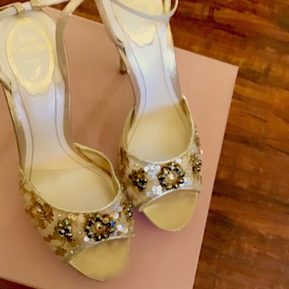 Rene Caovilla Satin Embellished Sandals, Size 41 EU, Champagne color